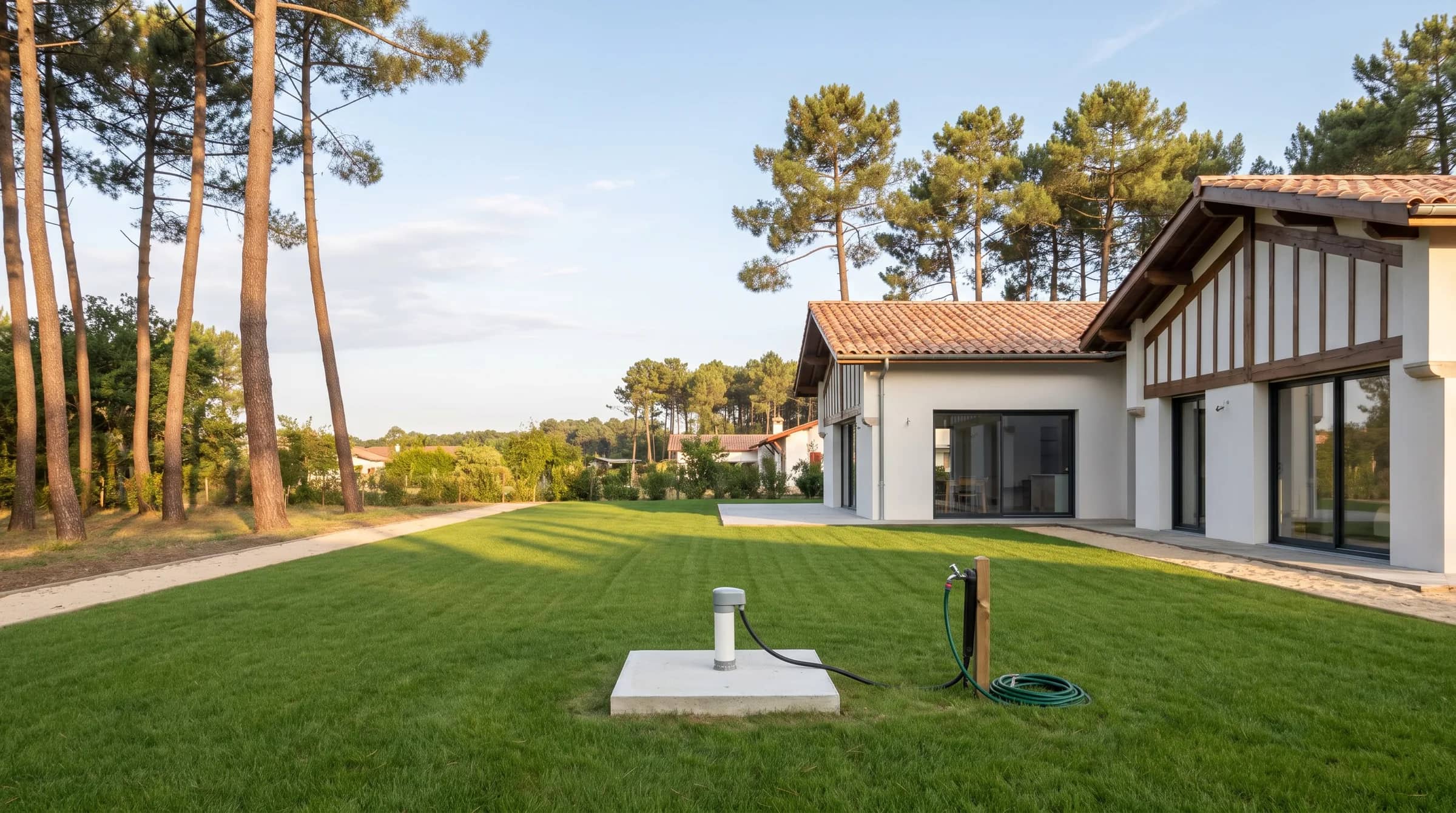 Tête de forage neuve sur sa dalle de béton dans le jardin d’une maison landaise, robinet d’arrosage sur son poteau