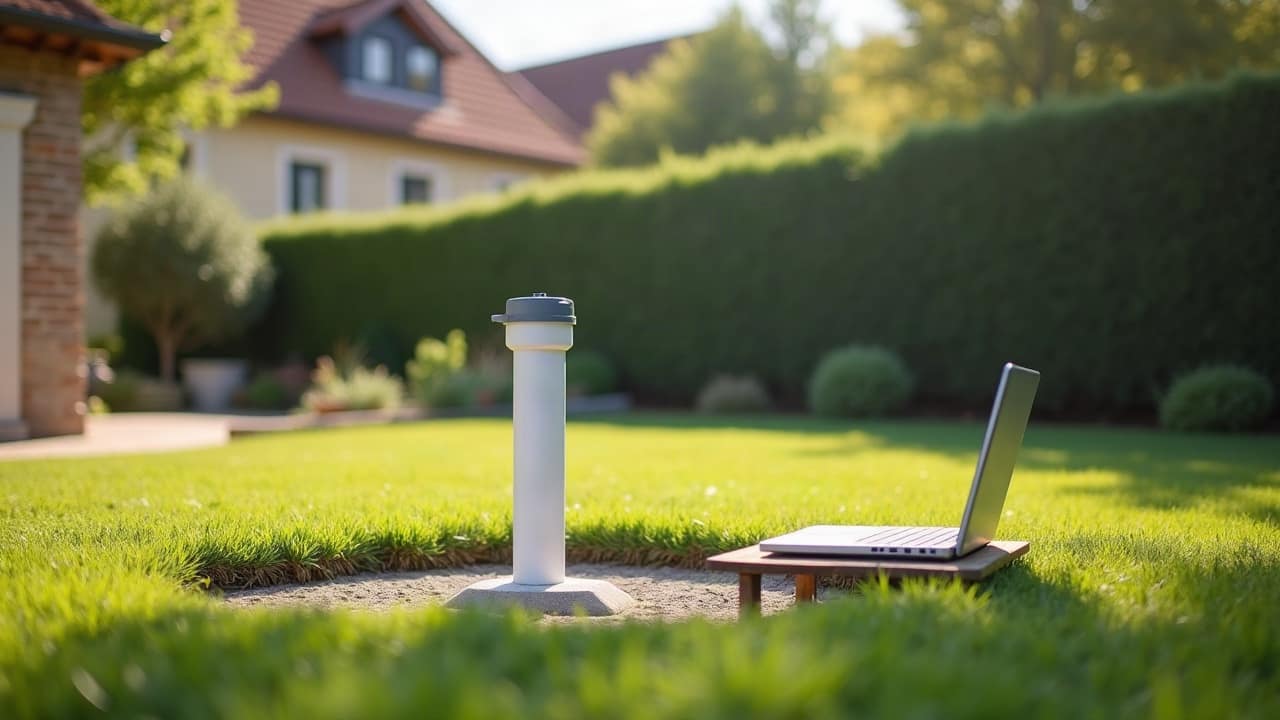 Tête de forage dans une pelouse, un ordinateur portable posé à côté pour la déclaration