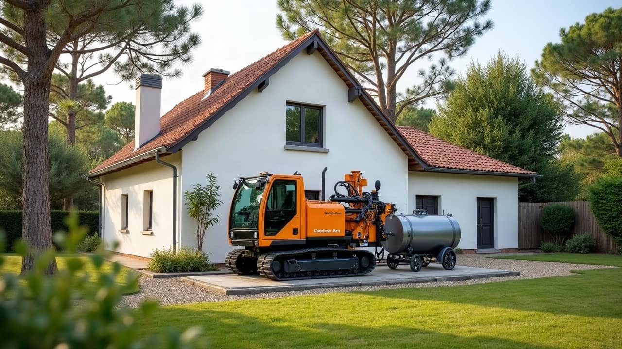 Foreuse sur chenilles et citerne d’eau devant une maison, sous les pins