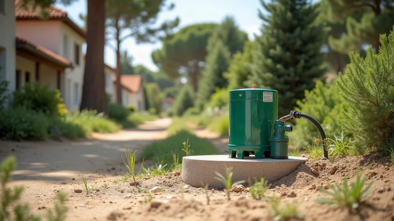 Pompe de surface posée sur un socle, dans le sable d’un jardin landais