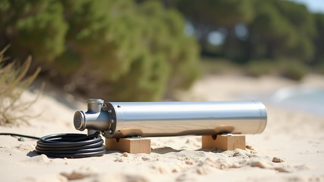 Pompe immergée en inox et son câble, posées sur le sable avant la descente