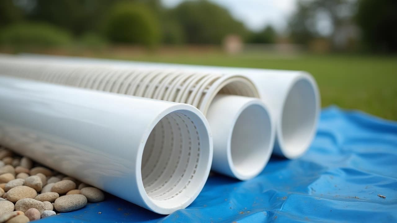 Tubes crépinés blancs aux fentes fines posés sur une bâche, à côté d'un tas de gravier calibré