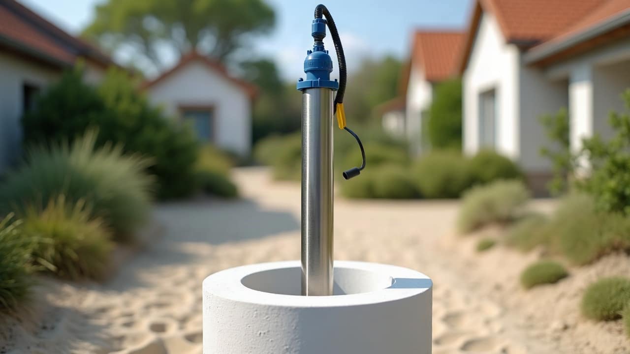Pompe immergée en inox au bout de son tuyau bleu, descendue dans le tube blanc d'un forage