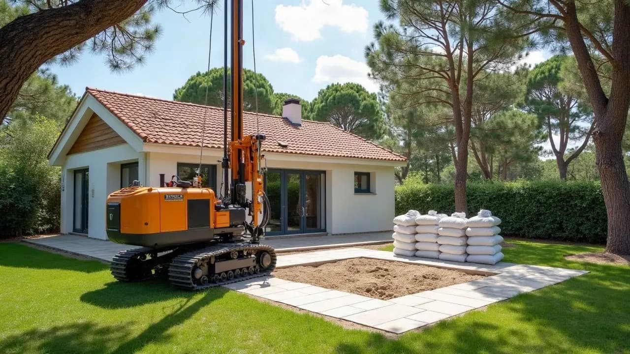 Tête de forage neuve dans une pelouse, sous les pins d’un jardin landais