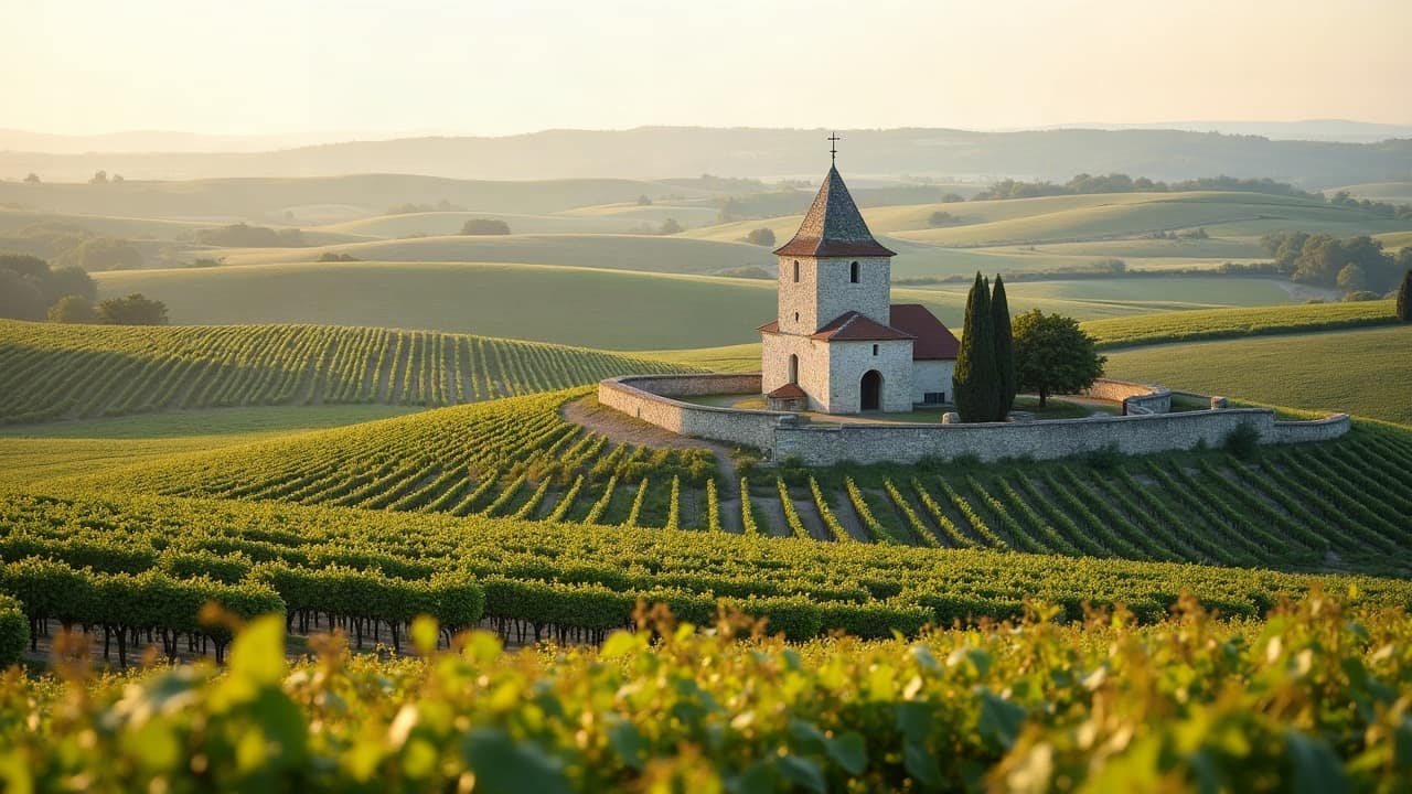 Coteaux de vignes de l'Entre-deux-Mers autour d'une église romane en pierre