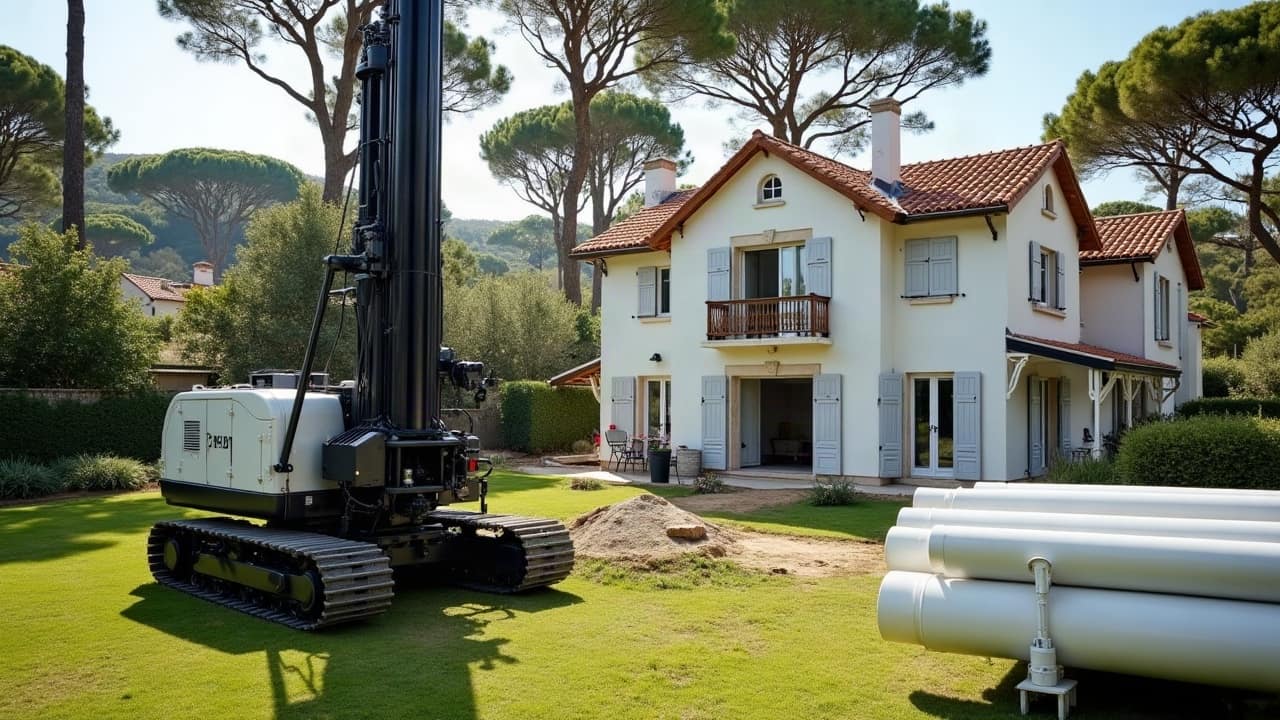 Tête de forage blanche fermée sur sa dalle, dans la pelouse d'une villa d'Arcachon sous les pins