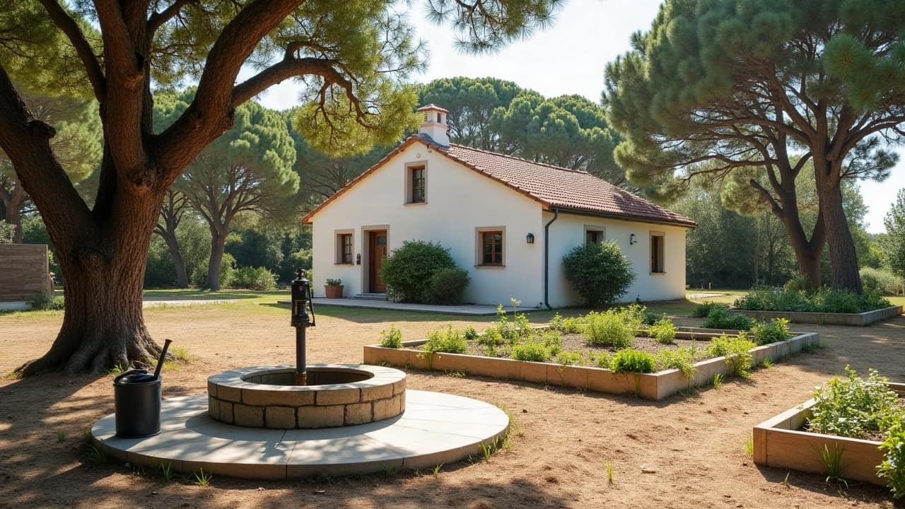 Puits restauré avec sa pompe au bord d'un potager en bacs, devant une maison landaise de Belin-Béliet