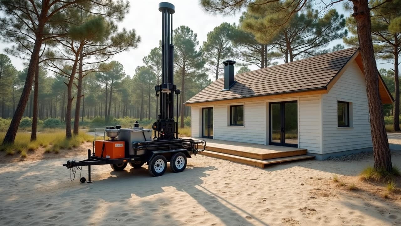 Tube de forage fermé dans le sable, au pied de la terrasse d'une maison en bois du Cap Ferret
