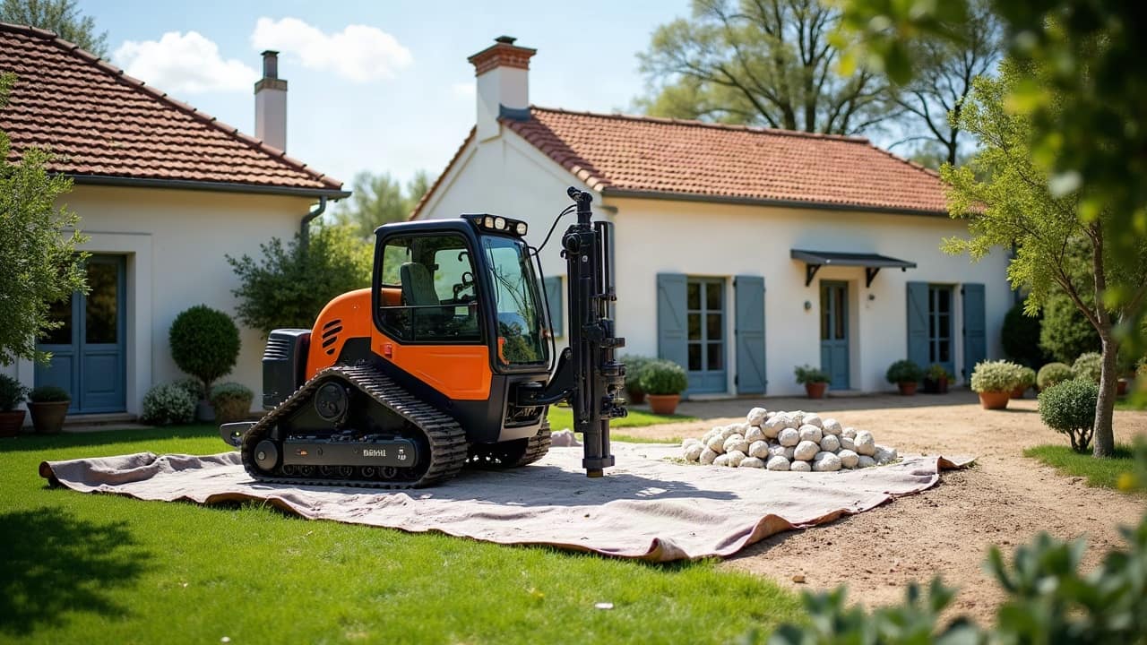 Foreuse sur chenilles au travail dans un jardin près de Libourne, éclats de calcaire recueillis sur une bâche