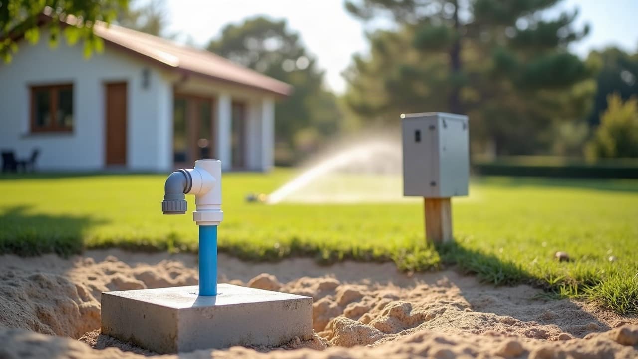 Tube de forage fermé au bord d'une allée de sable, dans le jardin d'une maison de vacances à Mimizan