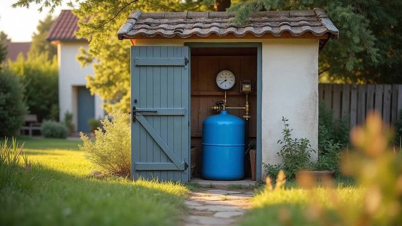 Abri de jardin ouvert sur un ballon bleu, un manomètre et des vannes, reliés au forage d'une maison montoise