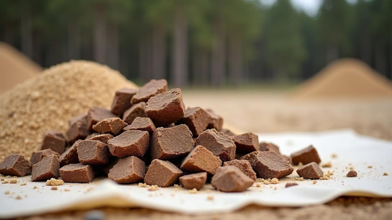 Morceaux d'alios brun rouille remontés par la foreuse, posés sur une bâche à côté du sable clair