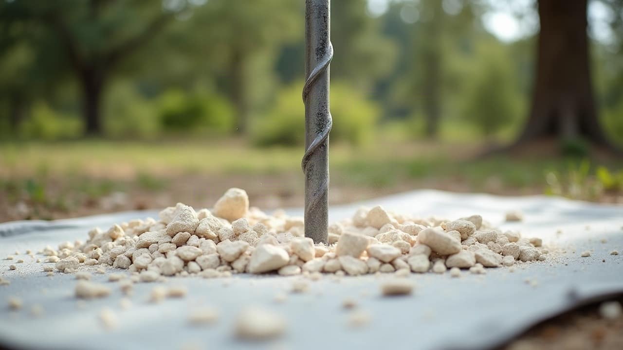 Éclats de calcaire blanc et crème remontés par l'outil, recueillis dans un bac au bord du jardin