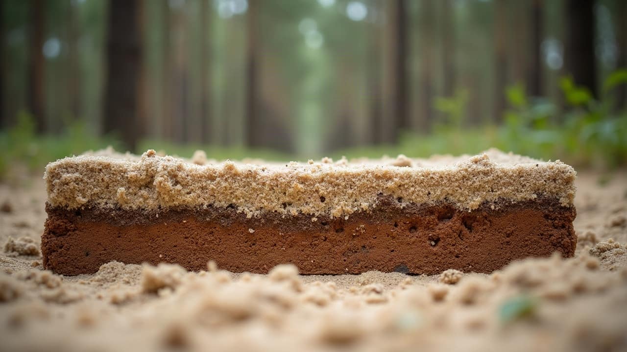 Bloc de sol landais coupé net, sable gris clair en surface et épaisse couche d'alios brun rouille en dessous