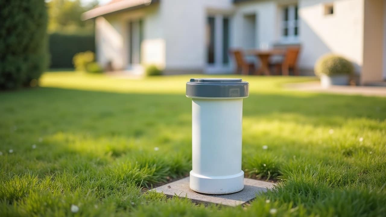 Tête de forage domestique fermée par un capot étanche au milieu d'une pelouse, maison landaise blanche en arrière-plan