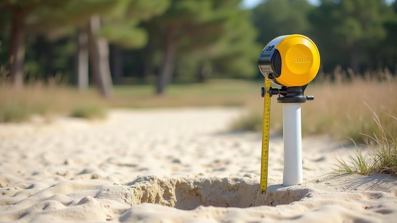 Sonde de niveau d'eau électronique à ruban gradué jaune posée sur un tube de forage blanc, dans un terrain de sable clair