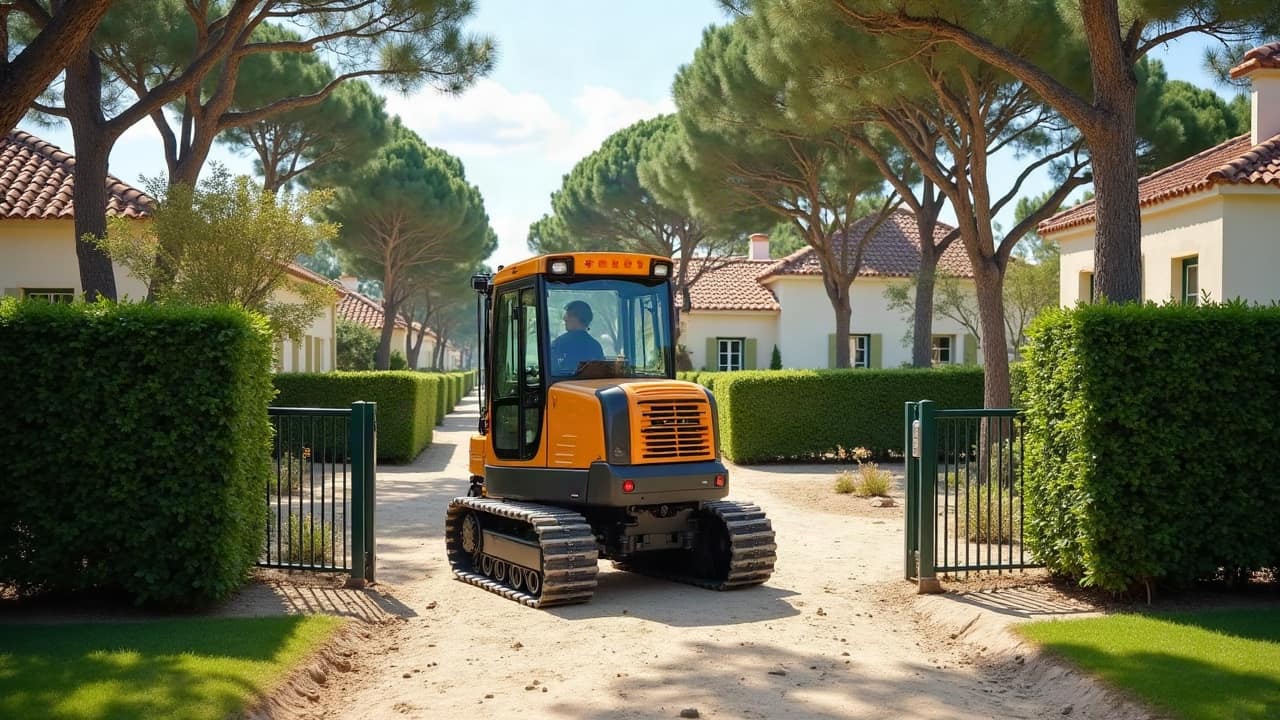 Foreuse compacte sur chenilles franchissant un portail de jardin sur des plaques de roulage, haie taillée et pelouse protégée de part et d'autre