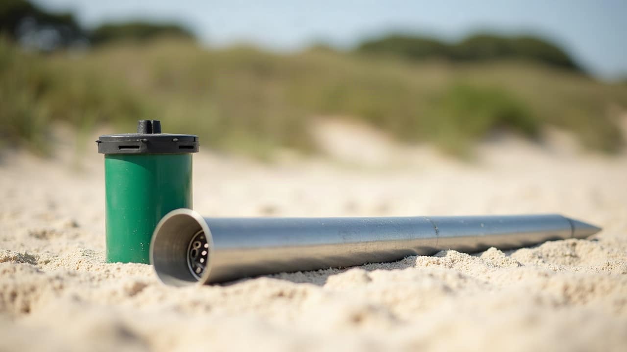 Pointe filtrante en acier, tube fin à pointe et partie perforée, posée sur du sable clair à côté d'une petite pompe de surface verte
