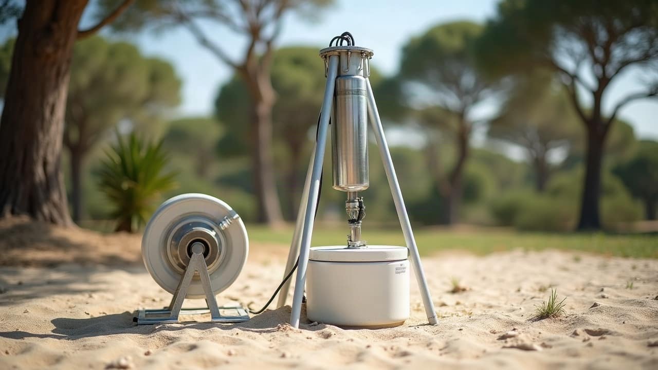 Pompe immergée inox suspendue à un trépied au-dessus d'un tube de forage blanc, enrouleur de câble à côté, sur le sable sous les pins
