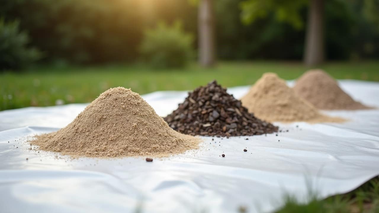 Déblais de forage en petits tas alignés sur une bâche blanche, sable clair, éclats de grès brun puis graviers de calcaire beige