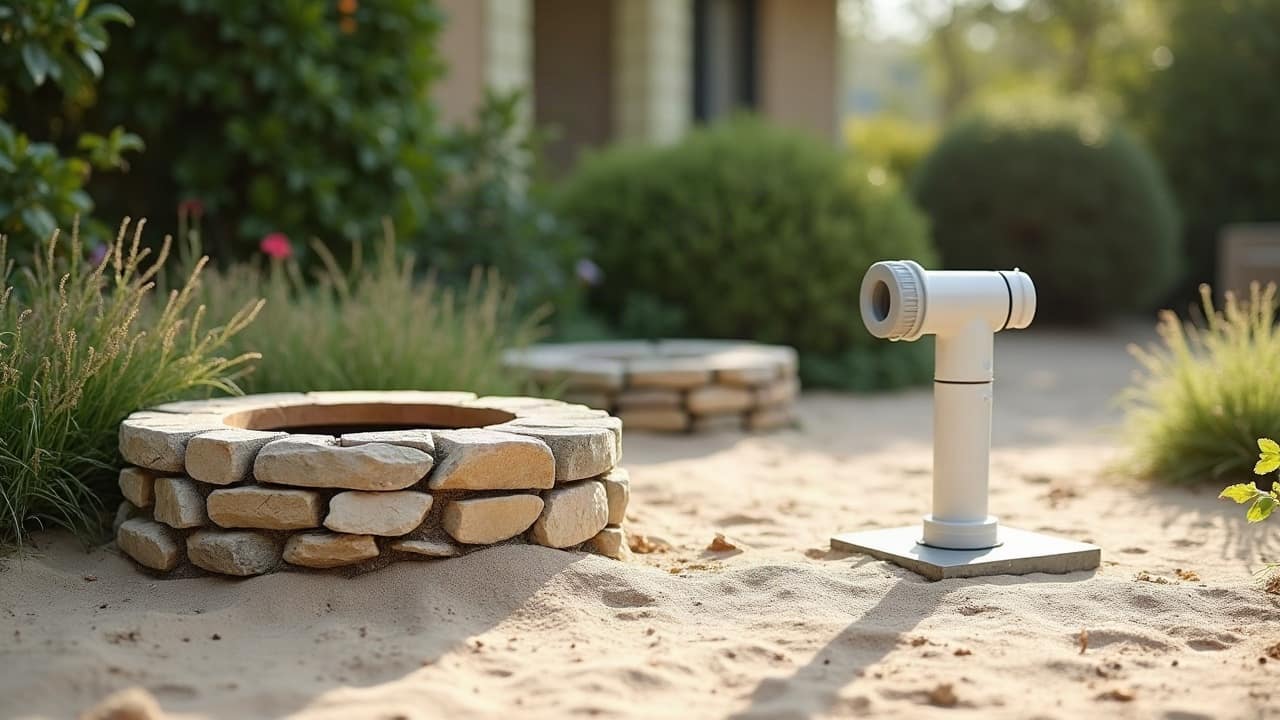 Puits rond en pierres sèches et, à quelques mètres, une tête de forage en PVC blanc, dans le même jardin sablonneux