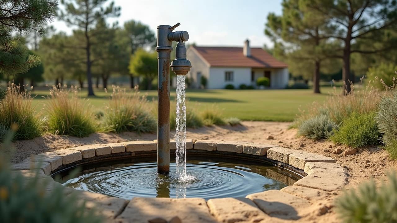 Tête de forage ancienne restaurée d'où s'écoule un mince filet d'eau claire dans un bassin de pierre blonde, jardin entretenu autour