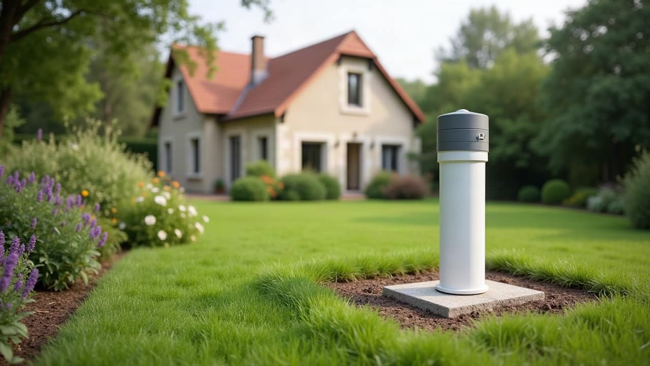 Jardin girondin en été avec pelouse sobre, massifs paillés et tête de forage fermée, maison en pierre blonde à l'arrière