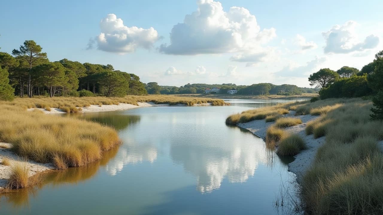 Lagune landaise entourée de pins maritimes et de bruyère sous une lumière d'été, eau calme et berge de sable clair